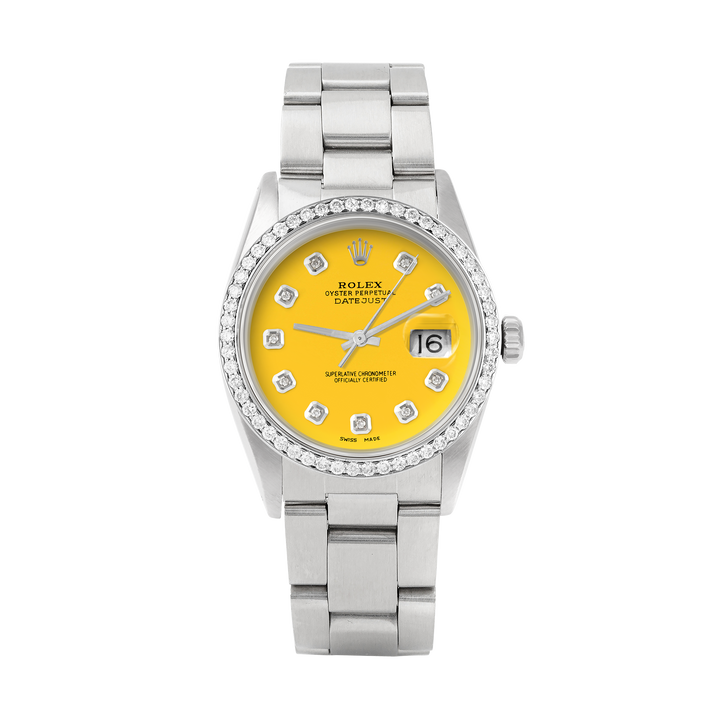 Rolex Datejust 36mm STAINLESS STEEL 16234 Yellow Dial | Diamond Hour Markers, 1ct Diamond Bezel