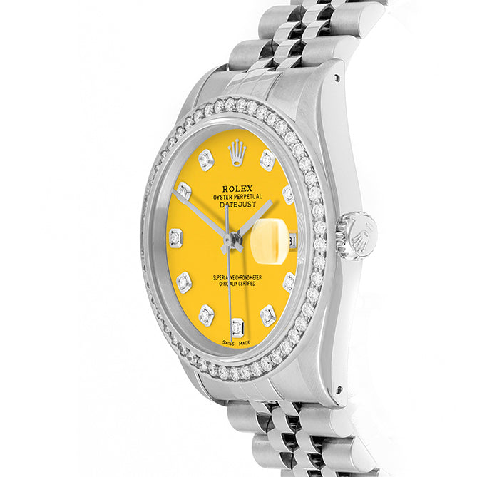 Rolex Datejust 36mm STAINLESS STEEL 16234 Yellow Dial | Diamond Hour Markers, 1.8 ct Diamond Bezel