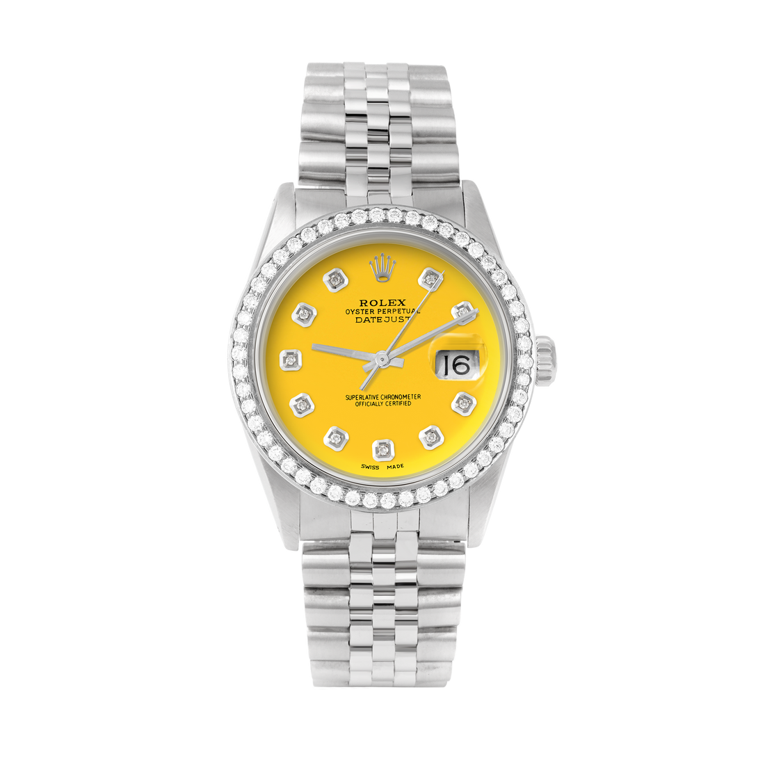 Rolex Datejust 36mm STAINLESS STEEL 16234 Yellow Dial | Diamond Hour Markers, 1.8 ct Diamond Bezel