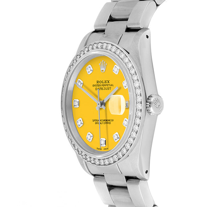 Rolex Datejust 36mm STAINLESS STEEL 16234 Yellow Dial | Diamond Hour Markers, 1.8 ct Diamond Bezel