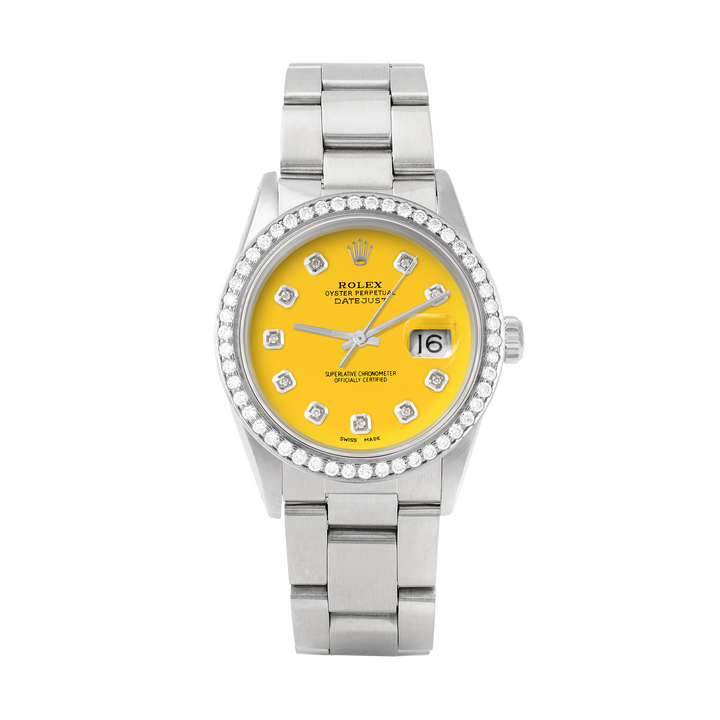 Rolex Datejust 36mm STAINLESS STEEL 16234 Yellow Dial | Diamond Hour Markers, 1.8 ct Diamond Bezel