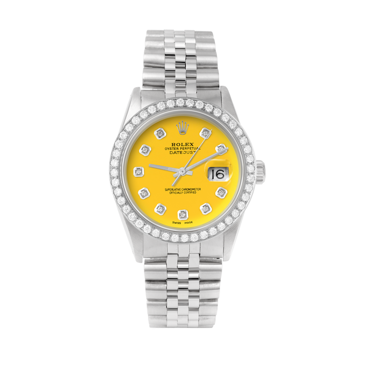 Rolex Datejust 36mm STAINLESS STEEL 16234 Yellow Dial | Diamond Hour Markers, 2 ct Diamond Bezel