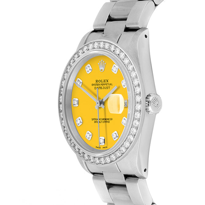 Rolex Datejust 36mm STAINLESS STEEL 16234 Yellow Dial | Diamond Hour Markers, 2 ct Diamond Bezel