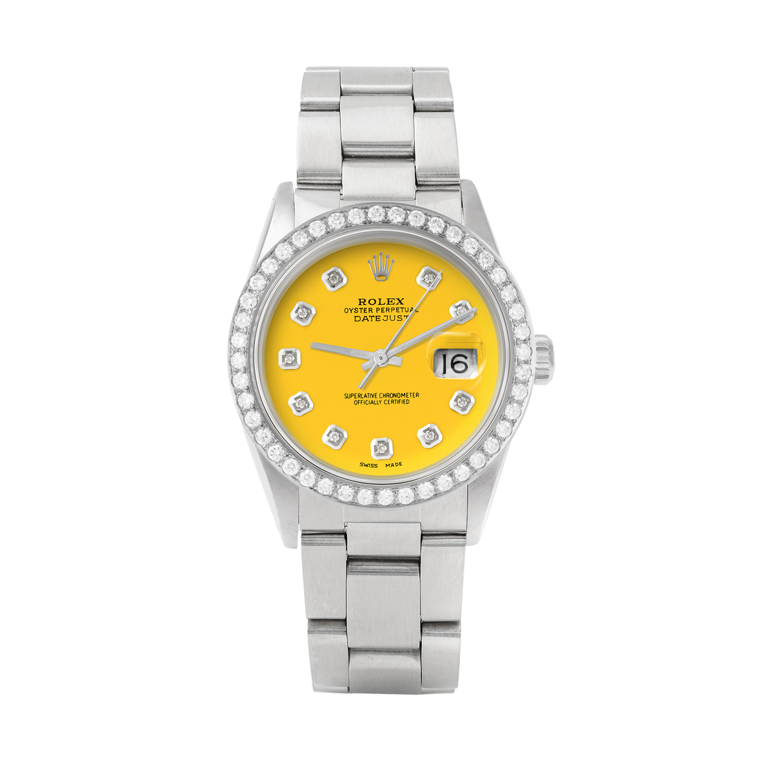 Rolex Datejust 36mm STAINLESS STEEL 16234 Yellow Dial | Diamond Hour Markers, 2 ct Diamond Bezel