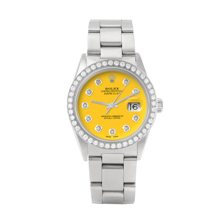 Rolex Datejust 36mm STAINLESS STEEL 16234 Yellow Dial | Diamond Hour Markers, 2 ct Diamond Bezel