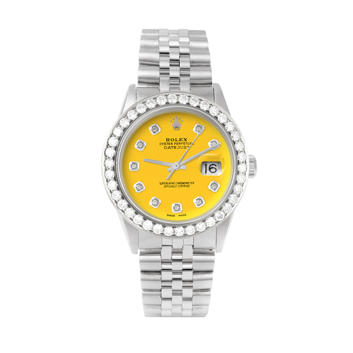 Rolex Datejust 36mm STAINLESS STEEL 16234 Yellow  Dial | Diamond Hour Markers | 2.5 ct Diamond Bezel