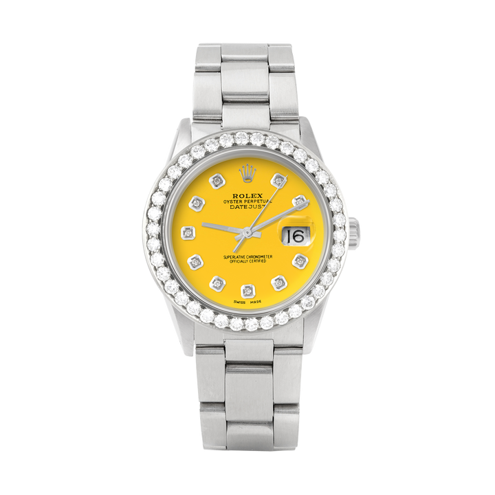 Rolex Datejust 36mm STAINLESS STEEL 16234 Yellow  Dial | Diamond Hour Markers | 2.5 ct Diamond Bezel