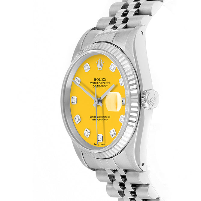 Rolex Datejust 36mm STAINLESS STEEL 16234 Yellow Dial | Diamond Hour Markers | Fluted Bezel