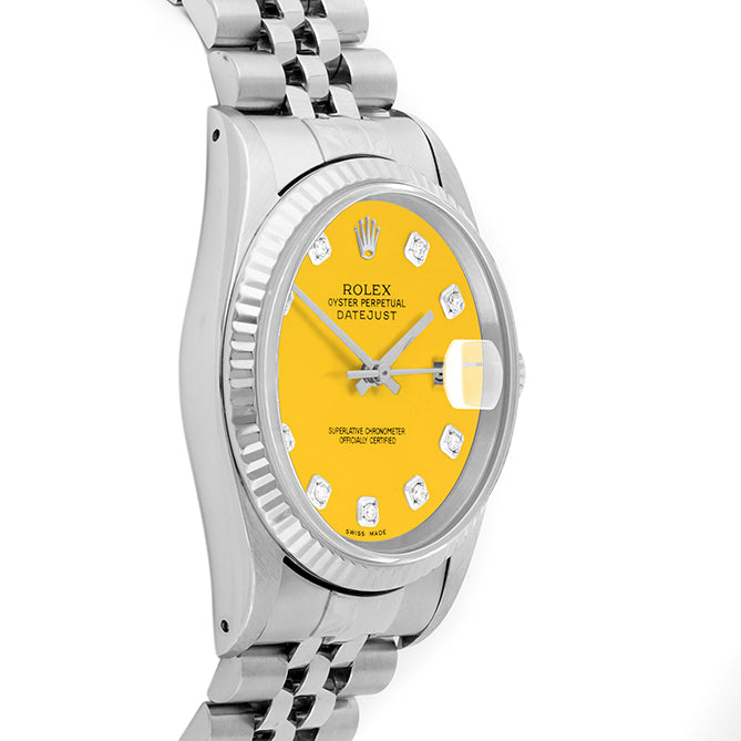 Rolex Datejust 36mm STAINLESS STEEL 16234 Yellow Dial | Diamond Hour Markers | Fluted Bezel