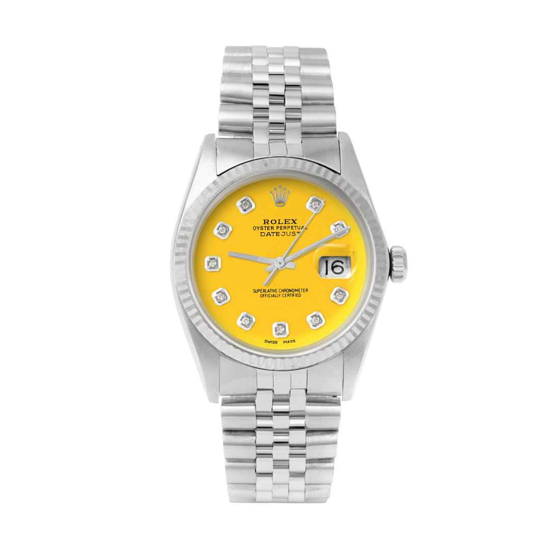 Rolex Datejust 36mm STAINLESS STEEL 16234 Yellow Dial | Diamond Hour Markers | Fluted Bezel