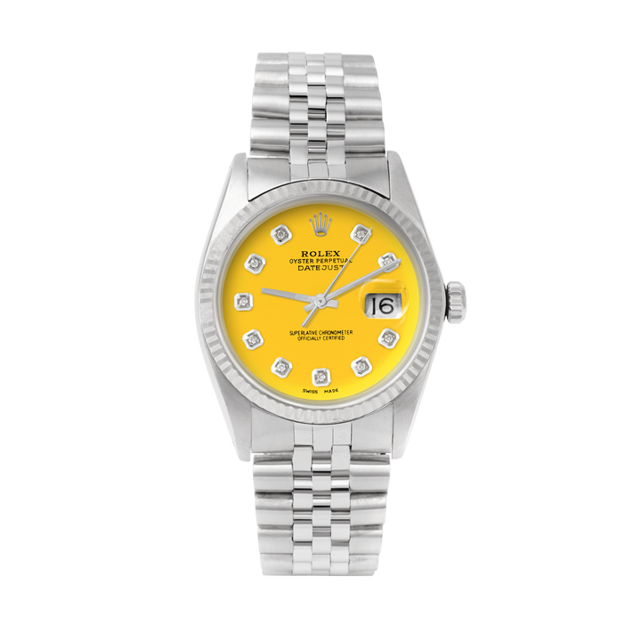 Rolex Datejust 36mm STAINLESS STEEL 16234 Yellow Dial | Diamond Hour Markers | Fluted Bezel