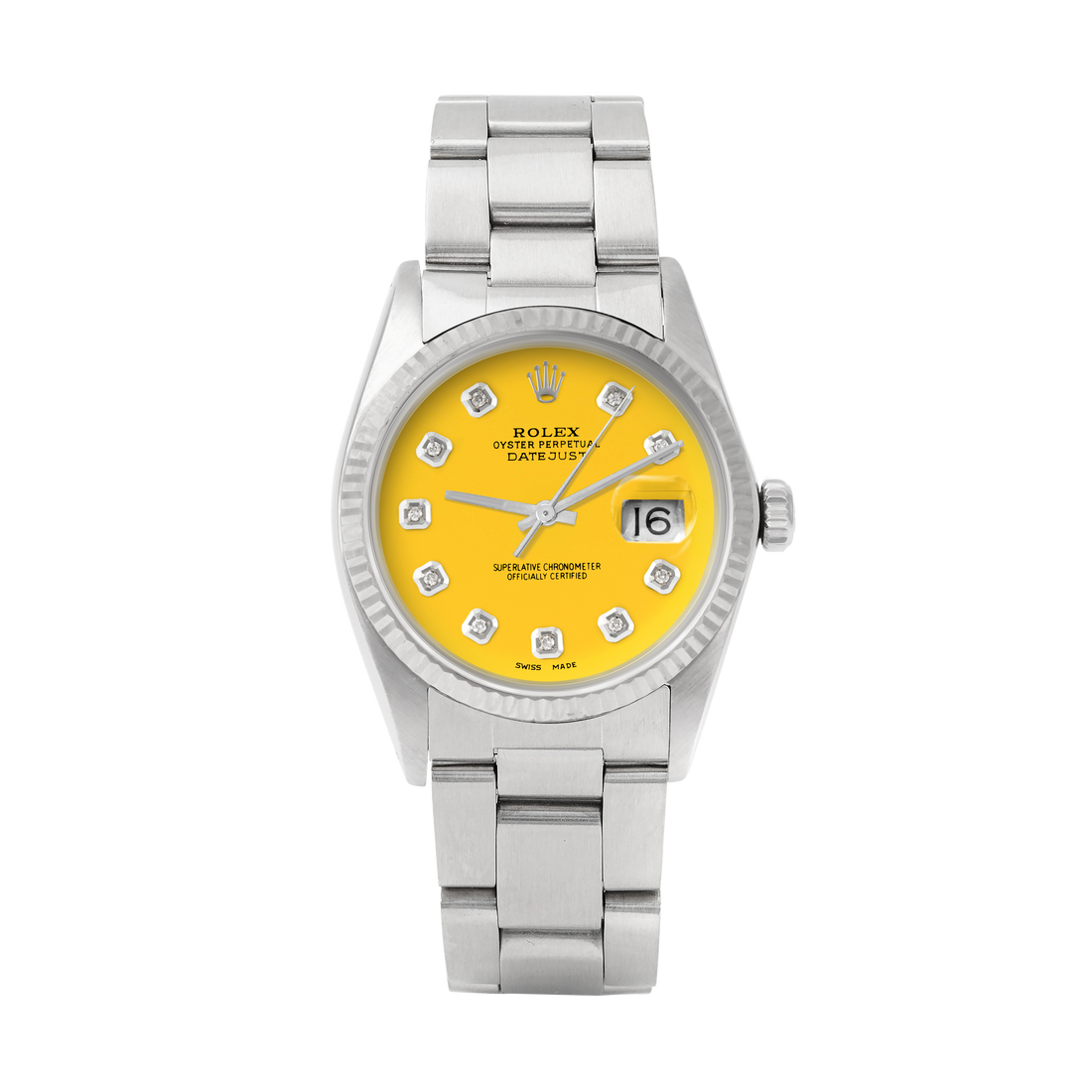 Rolex Datejust 36mm STAINLESS STEEL 16234 Yellow  Dial | Diamond Hour Markers | Fluted Bezel