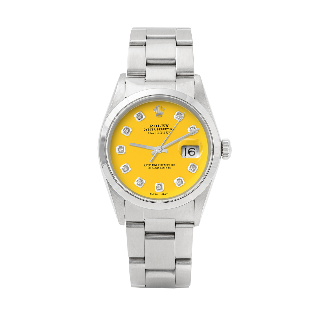 Rolex Datejust 36mm STAINLESS STEEL 16200 Yellow Dial | Diamond Hour Markers | Smooth Bezel