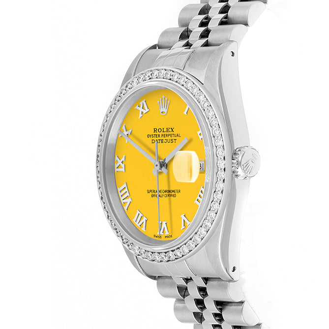 Rolex Datejust 36mm STAINLESS STEEL 16234 Yellow Dial | Roman Hour Markers | 1 ct Diamond Bezel