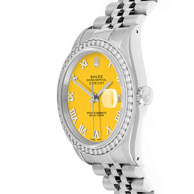 Rolex Datejust 36mm STAINLESS STEEL 16234 Yellow Dial | Roman Hour Markers, 1.8 ct Diamond Bezel