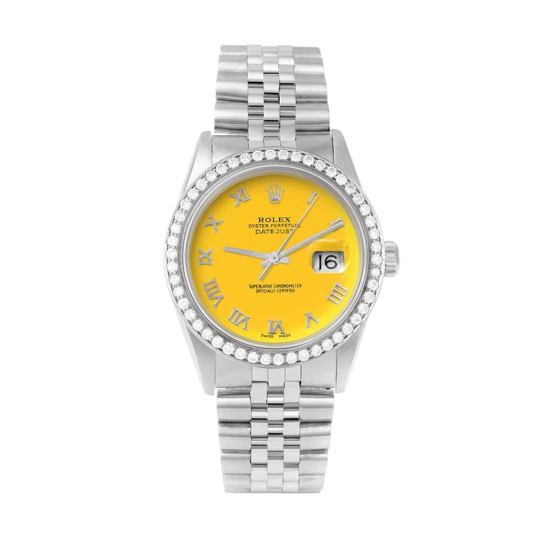 Rolex Datejust 36mm STAINLESS STEEL 16234 Yellow Dial | Roman Hour Markers, 1.8 ct Diamond Bezel