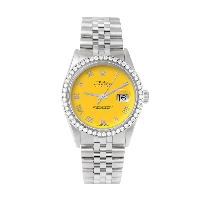Rolex Datejust 36mm STAINLESS STEEL 16234 Yellow Dial | Roman Hour Markers, 1.8 ct Diamond Bezel