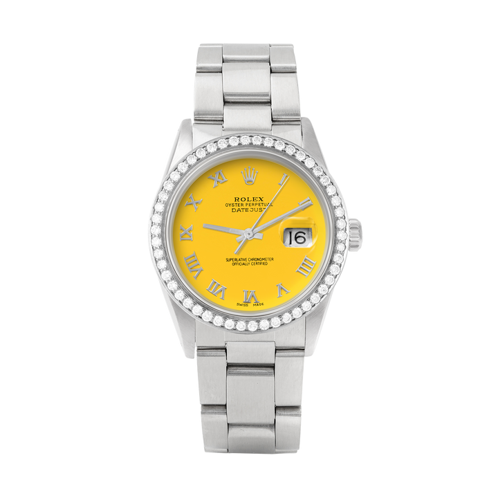 Rolex Datejust 36mm STAINLESS STEEL 16234 Yellow Dial | Roman Hour Markers, 1.8 ct Diamond Bezel (Copy)