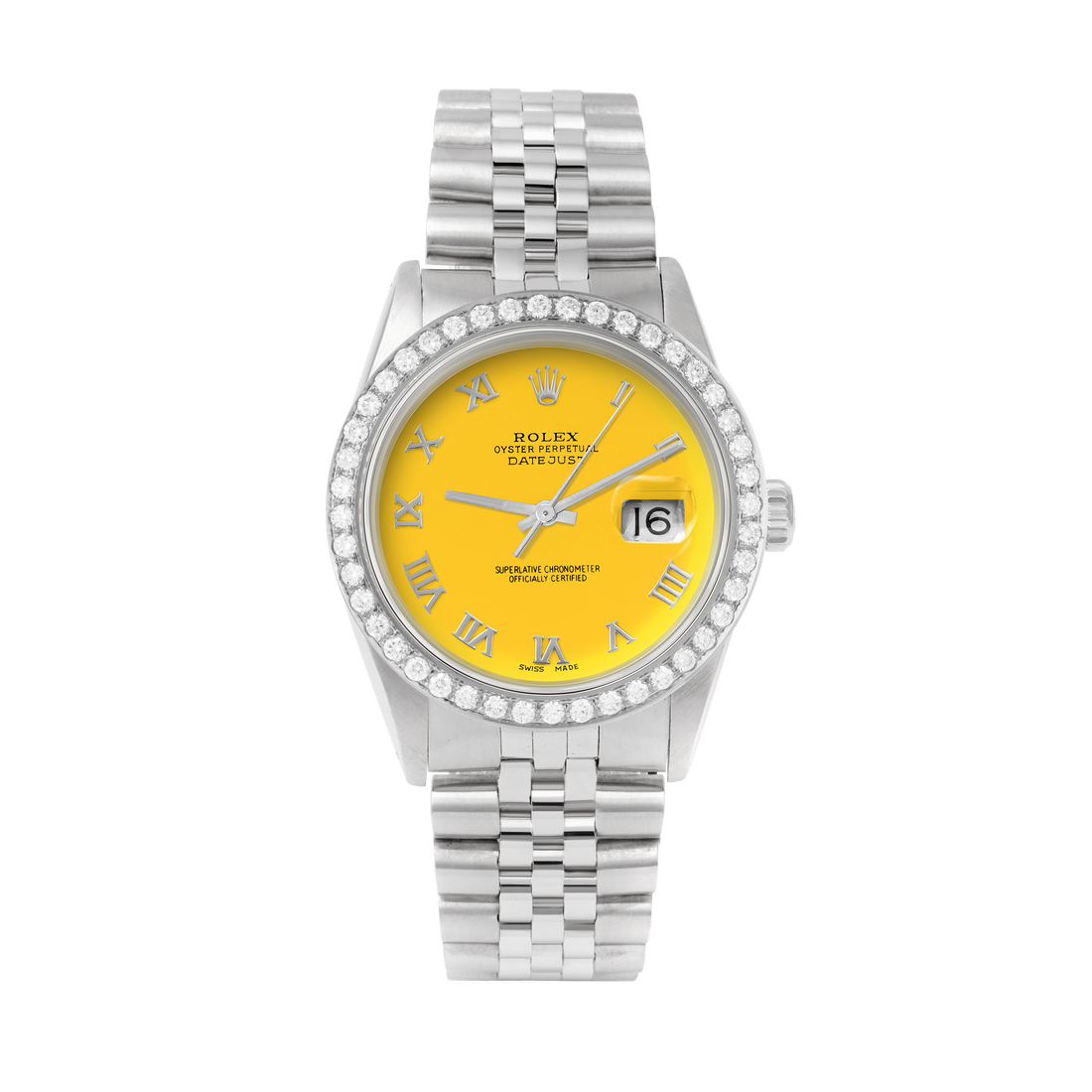 Rolex Datejust 36mm STAINLESS STEEL 16234 Yellow Dial | Roman Hour Markers, 2 ct Diamond Bezel