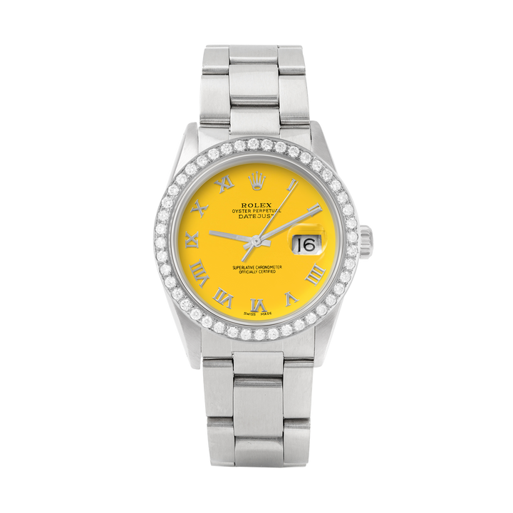 Rolex Datejust 36mm STAINLESS STEEL 16234 Yellow Dial | Roman Hour Markers, 2 ct Diamond Bezel
