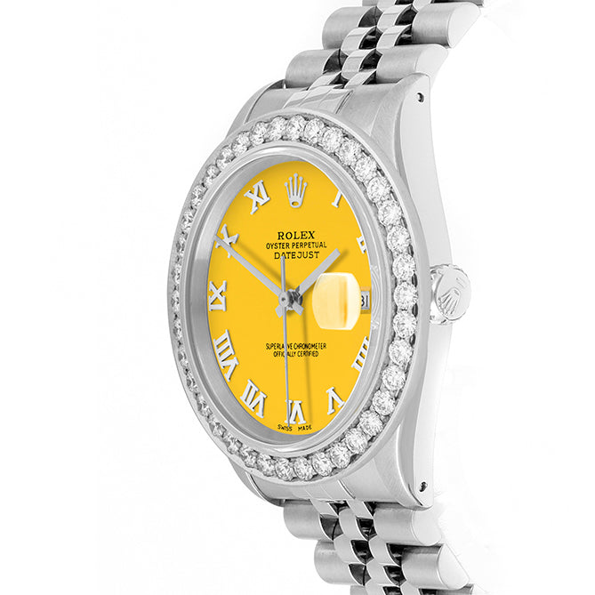 Rolex Datejust 36mm STAINLESS STEEL 16234 Yellow Dial | Roman Hour Markers | 2.5 ct Diamond Bezel