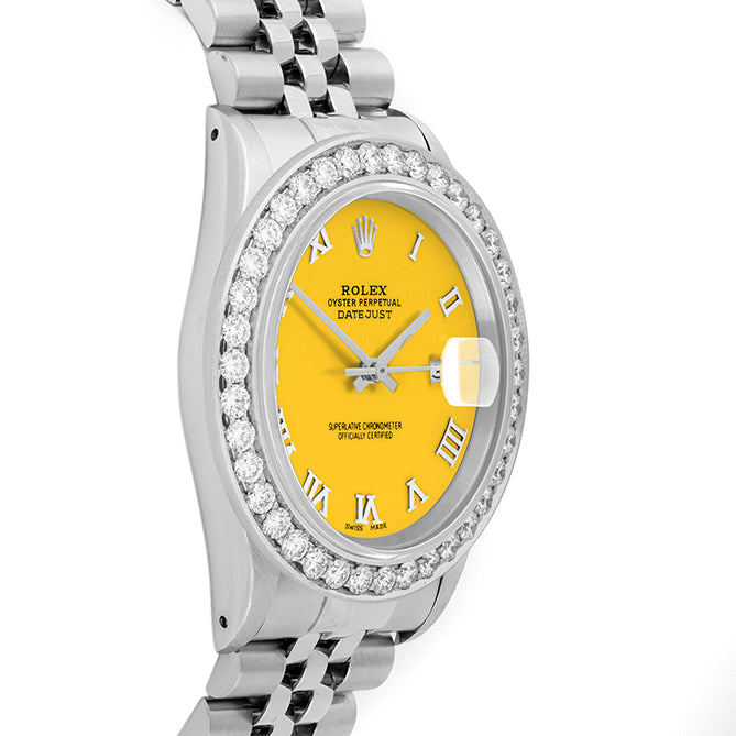 Rolex Datejust 36mm STAINLESS STEEL 16234 Yellow Dial | Roman Hour Markers | 2.5 ct Diamond Bezel