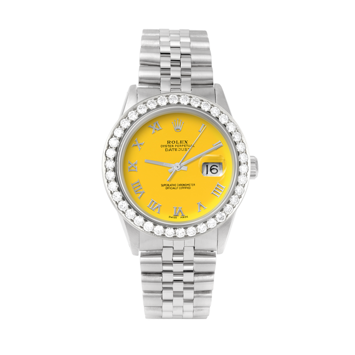 Rolex Datejust 36mm STAINLESS STEEL 16234 Yellow Dial | Roman Hour Markers | 2.5 ct Diamond Bezel