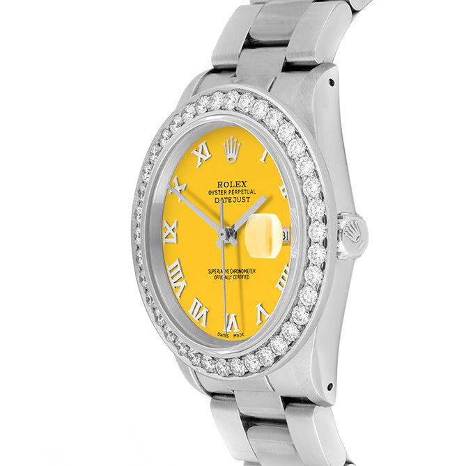 Rolex Datejust 36mm STAINLESS STEEL 16234 Yellow Dial | Roman Hour Markers | 2.5 ct Diamond Bezel