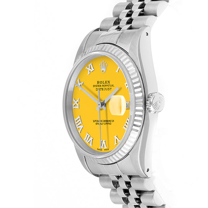 Rolex Datejust 36mm STAINLESS STEEL 16234 Yellow Dial | Roman Hour Markers | Fluted  Bezel