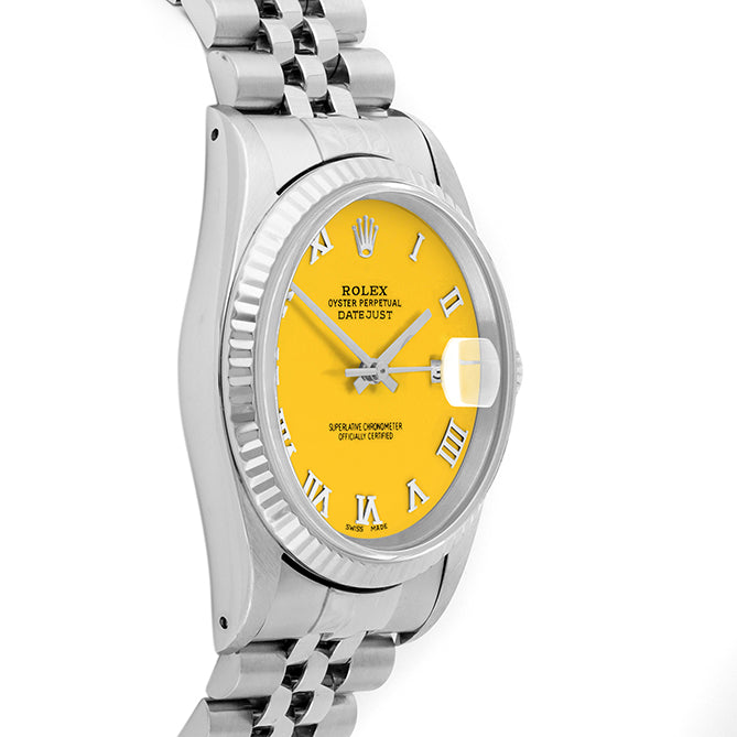 Rolex Datejust 36mm STAINLESS STEEL 16234 Yellow Dial | Roman Hour Markers | Fluted  Bezel