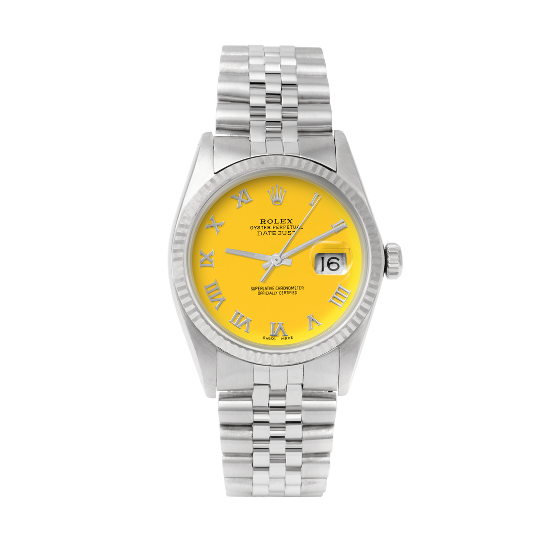 Rolex Datejust 36mm STAINLESS STEEL 16234 Yellow Dial | Roman Hour Markers | Fluted  Bezel