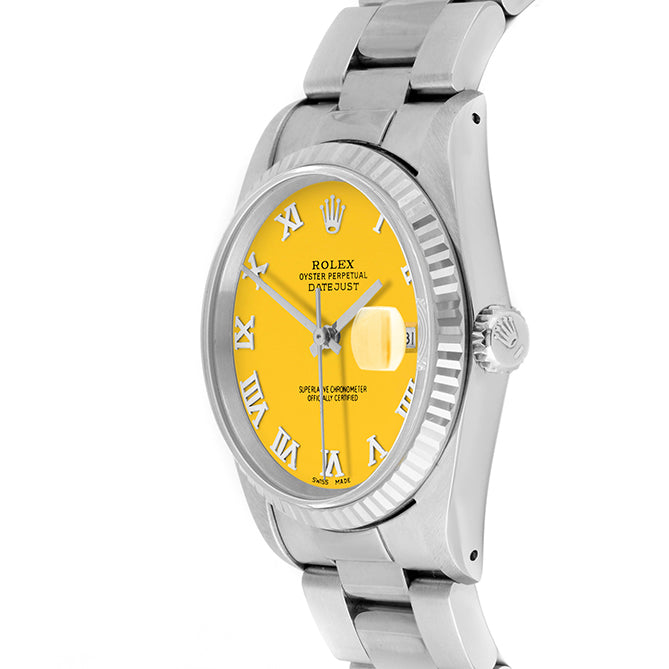 Rolex Datejust 36mm STAINLESS STEEL 16234 Yellow Dial | Roman Hour Markers | Fluted  Bezel