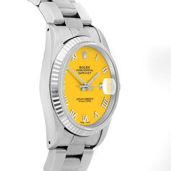 Rolex Datejust 36mm STAINLESS STEEL 16234 Yellow Dial | Roman Hour Markers | Fluted  Bezel