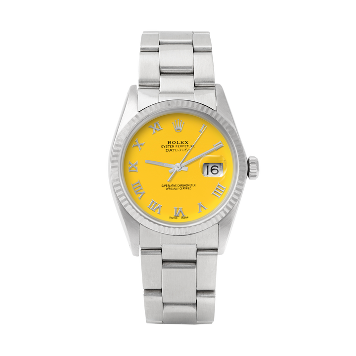 Rolex Datejust 36mm STAINLESS STEEL 16234 Yellow Dial | Roman Hour Markers | Fluted  Bezel