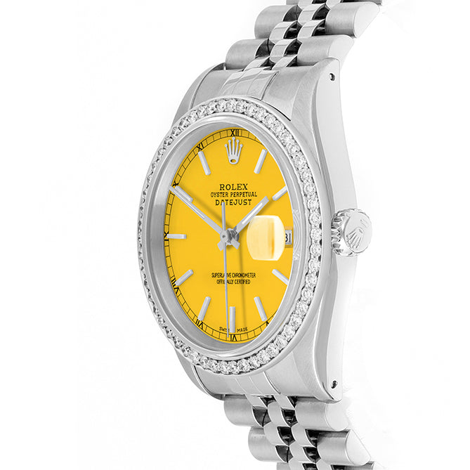 Rolex Datejust 36mm STAINLESS STEEL 16234 Yellow Dial | Sticks Hour Markers, 1ct Diamond Bezel