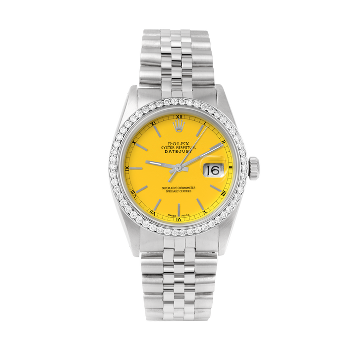 Rolex Datejust 36mm STAINLESS STEEL 16234 Yellow Dial | Sticks Hour Markers, 1ct Diamond Bezel