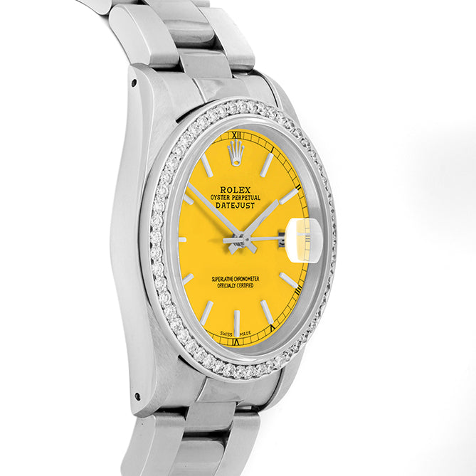 Rolex Datejust 36mm STAINLESS STEEL 16234 Yellow Dial | Sticks Hour Markers, 1 ct Diamond Bezel