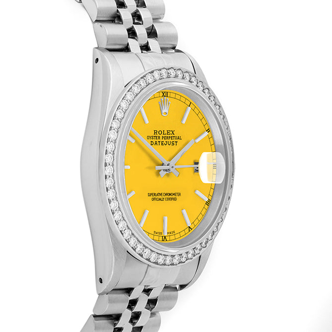 Rolex Datejust 36mm STAINLESS STEEL 16234 Yellow Dial | Stick Hour Markers | 1.8ct Diamond Bezel
