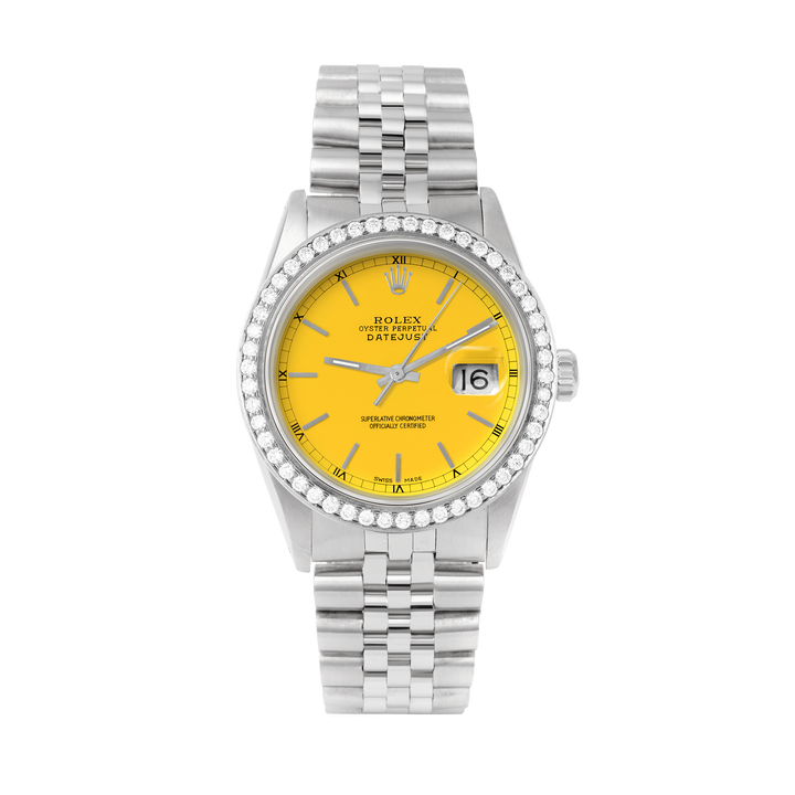 Rolex Datejust 36mm STAINLESS STEEL 16234 Yellow Dial | Stick Hour Markers | 1.8ct Diamond Bezel