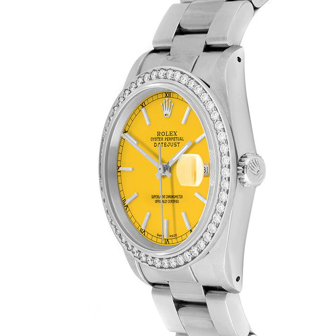 Rolex Datejust 36mm STAINLESS STEEL 16234 Yellow Dial | Stick Hour Markers, 1.8ct Diamond Bezel