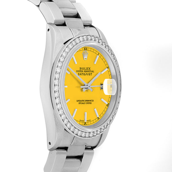 Rolex Datejust 36mm STAINLESS STEEL 16234 Yellow Dial | Stick Hour Markers, 1.8ct Diamond Bezel
