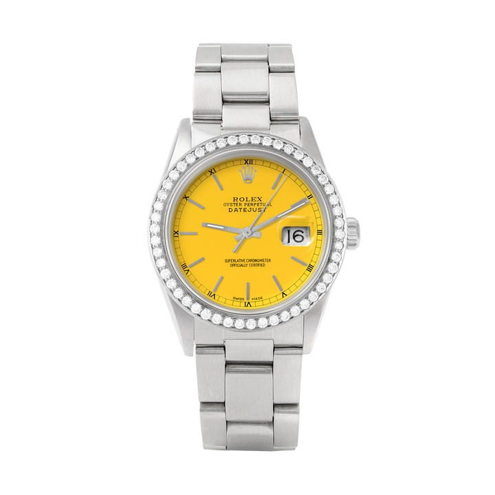 Rolex Datejust 36mm STAINLESS STEEL 16234 Yellow Dial | Stick Hour Markers, 1.8ct Diamond Bezel