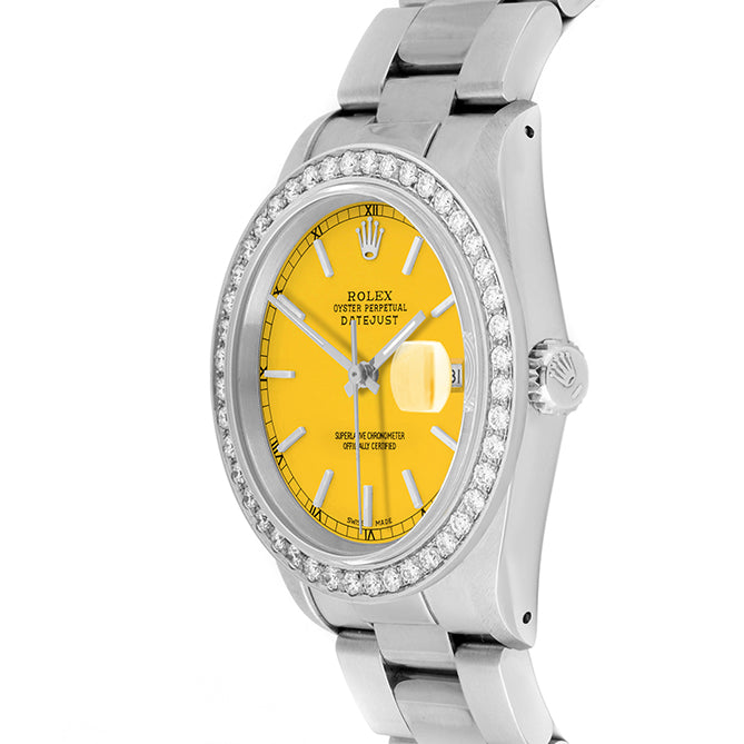 Rolex Datejust 36mm STAINLESS STEEL 16234 Yellow Dial | Sticks Hour Markers, 2 ct Diamond Bezel