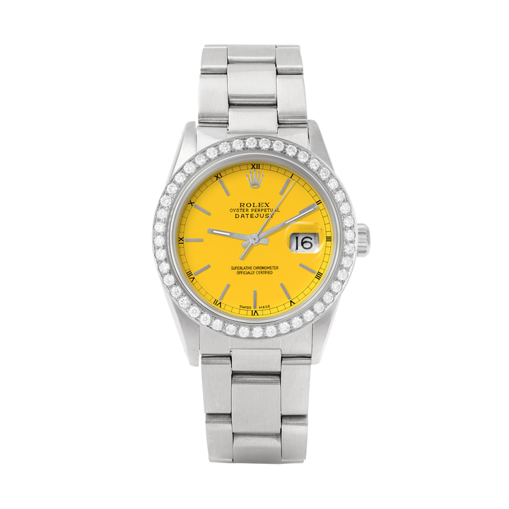 Rolex Datejust 36mm STAINLESS STEEL 16234 Yellow Dial | Sticks Hour Markers, 2 ct Diamond Bezel