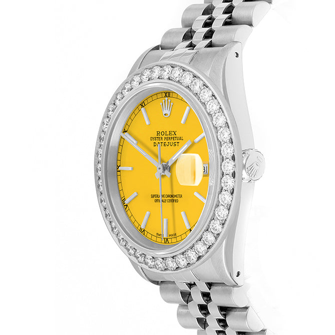 Rolex Datejust 36mm STAINLESS STEEL 16234 Yellow Dial | Stick Hour Markers, 2.5 ct Diamond Bezel