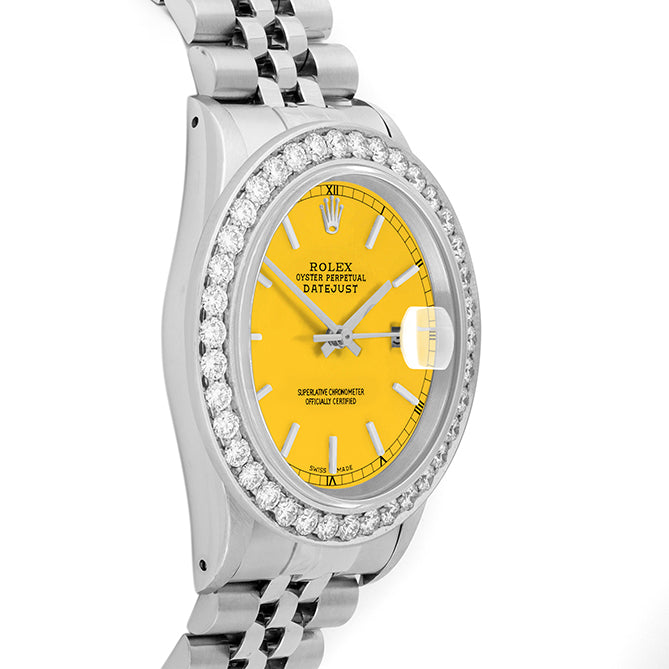 Rolex Datejust 36mm STAINLESS STEEL 16234 Yellow Dial | Stick Hour Markers, 2.5 ct Diamond Bezel