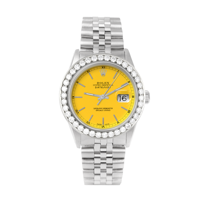 Rolex Datejust 36mm STAINLESS STEEL 16234 Yellow Dial | Stick Hour Markers, 2.5 ct Diamond Bezel
