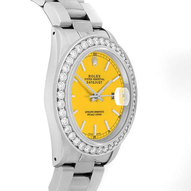 Rolex Datejust 36mm STAINLESS STEEL 16234 Yellow Dial | Stick Hour Markers, 2.5 ct Diamond Bezel