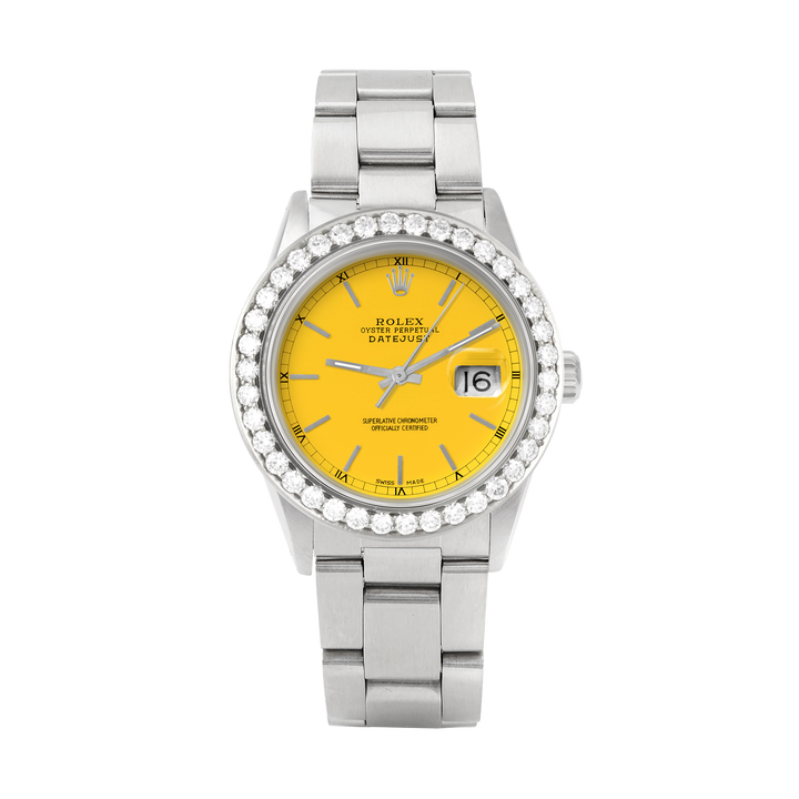 Rolex Datejust 36mm STAINLESS STEEL 16234 Yellow Dial | Stick Hour Markers, 2.5 ct Diamond Bezel