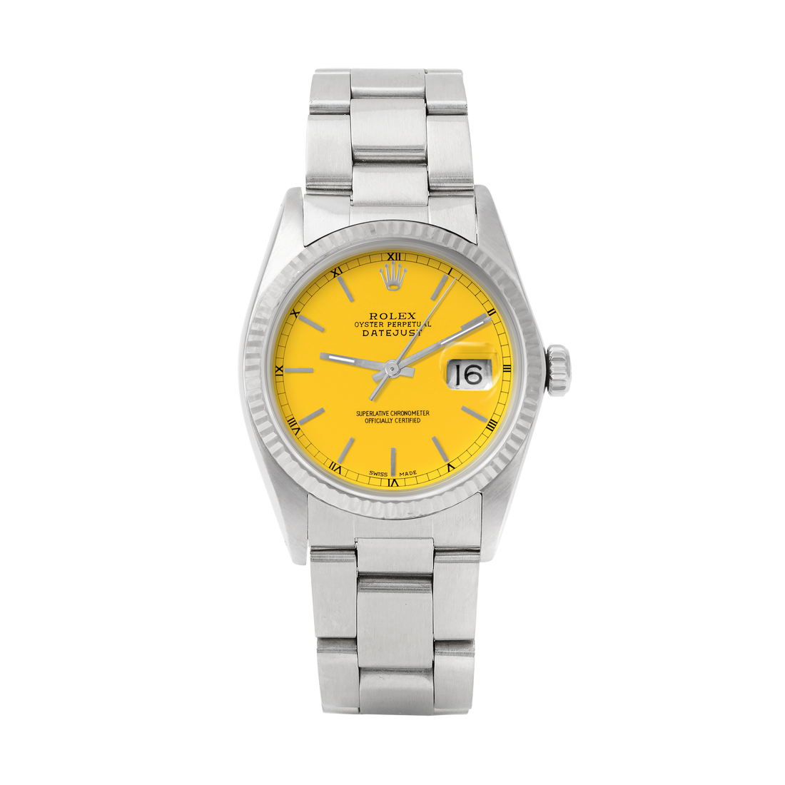 Rolex Datejust 36mm STAINLESS STEEL 16234 Yellow Dial | Stick Hour Markers | Fluted  Bezel